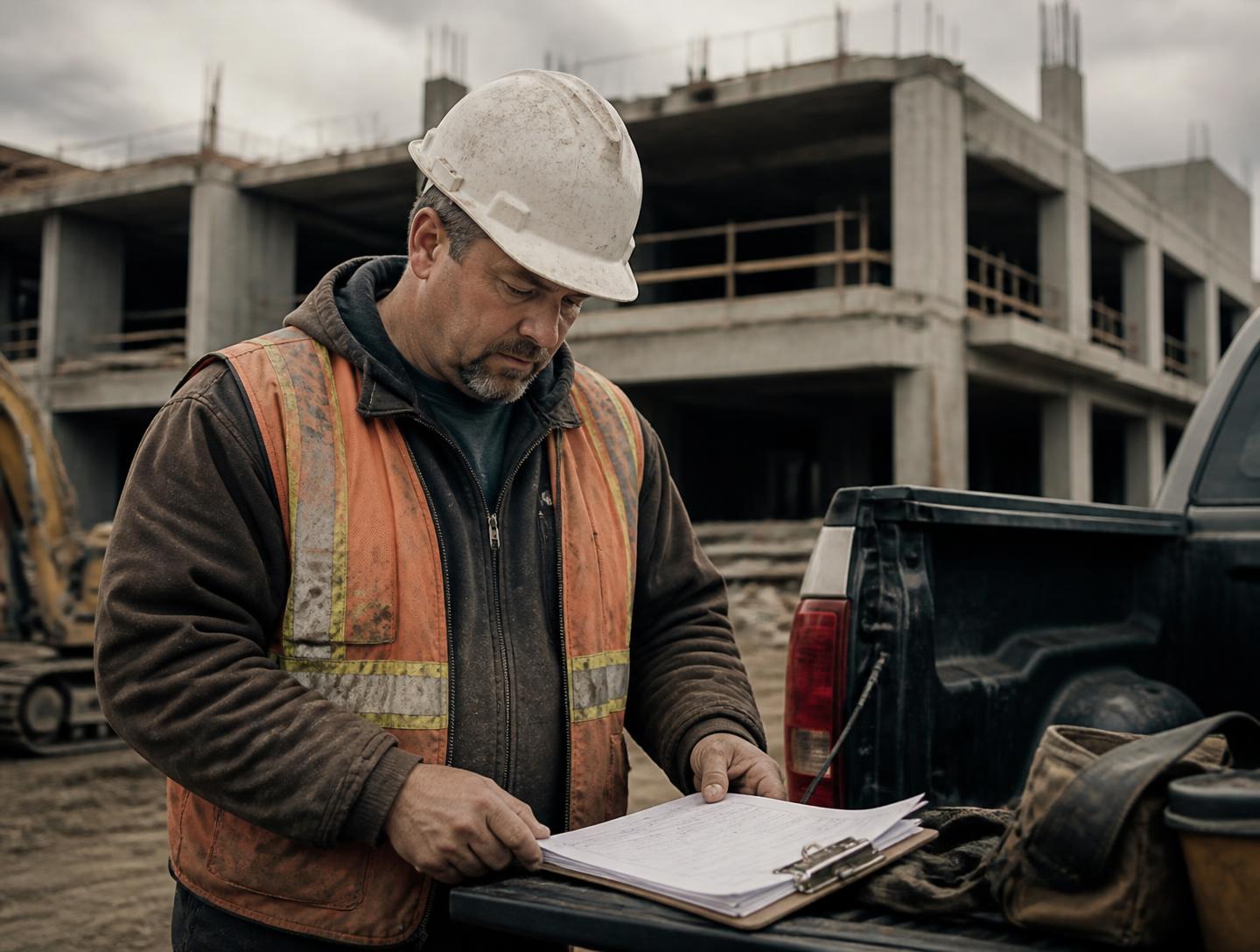 Site supervisor reviewing schedule documents at an active commercial construction project