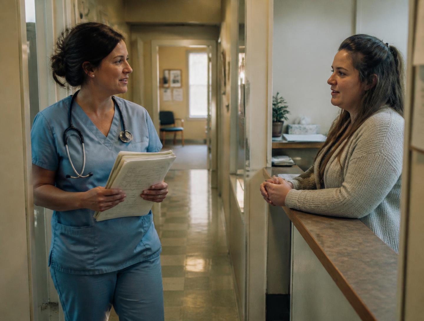 Clinic staff working at an outpatient care facility reception area