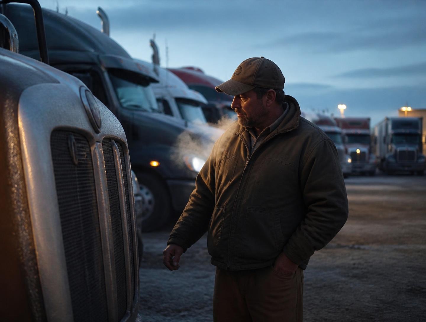 Fleet owner inspecting tractor units at a trucking yard early in the morning